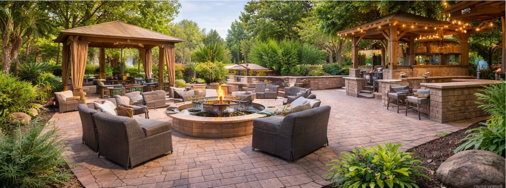 Large paver seating area with gazebo, fire pit, and outdoor kitchen