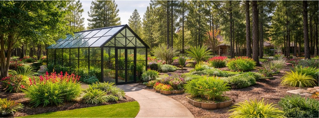Residential landscape with a medium-size greenhouse